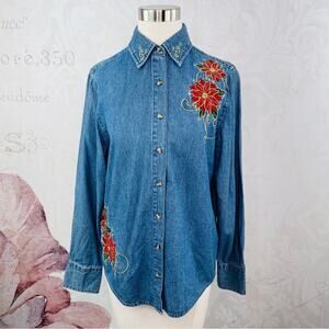 Holiday Editions Denim Poinsettia Embroidered Long Sleeve Button Down Top Blouse